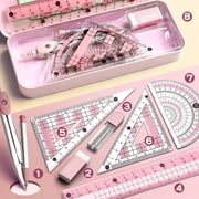 8-Piece Math Geometry Kit with Shatterproof Storage Box, Includes Ruler Protractor Compass Eraser and Pencils, for Students or Artists