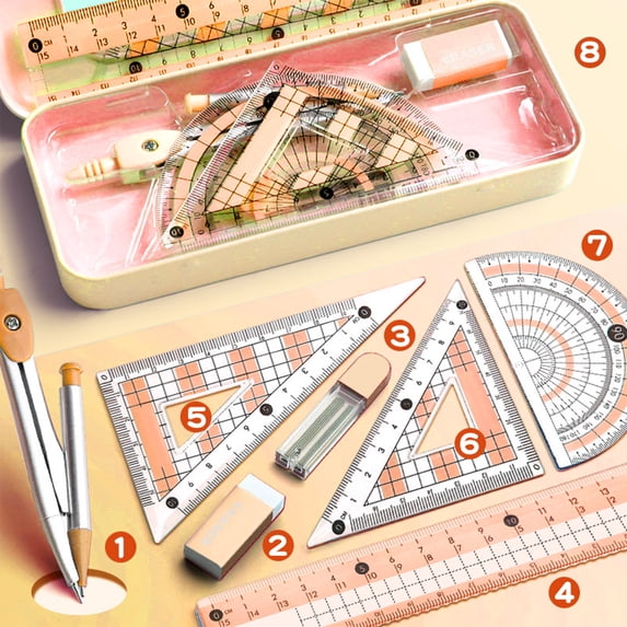 8-Piece Math Geometry Set with Shatterproof Storage Box, Student Ruler ...