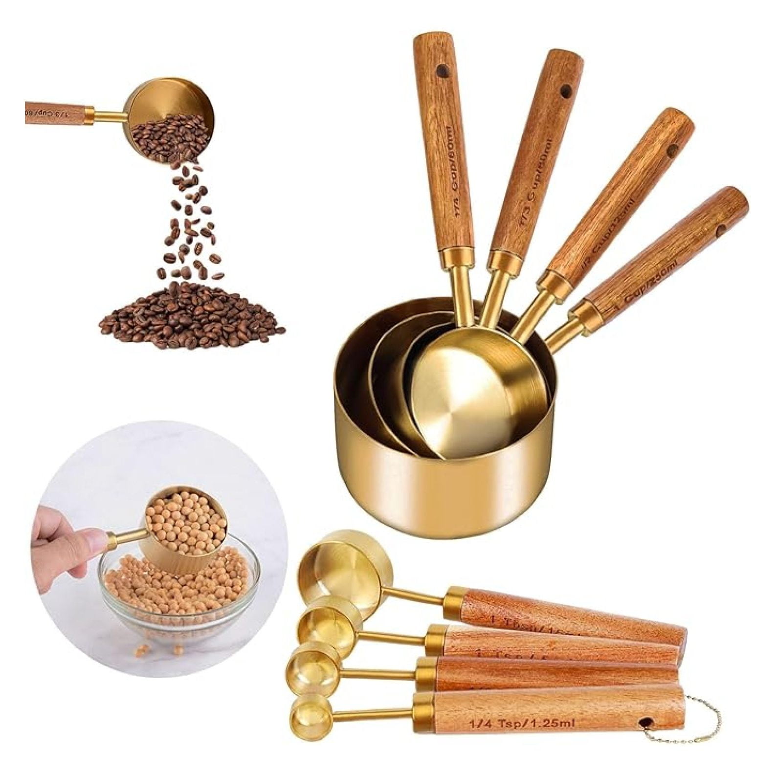 8 Piece Measuring Cups and Spoons Set, Fragrant Wood Handle with Metric ...