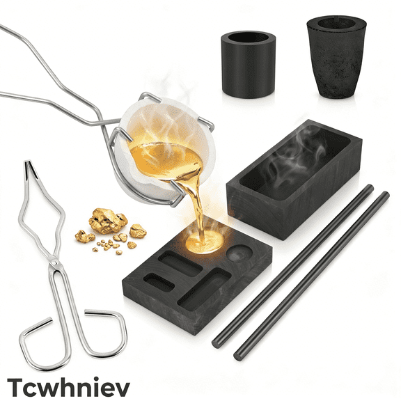 8 Piece Metal Melting Kit with High Density Graphite Crucibles, Ingot Molds and Stir Rods - Professional Casting Tools for DIY Gold, Silver, and Jewelry Smelting