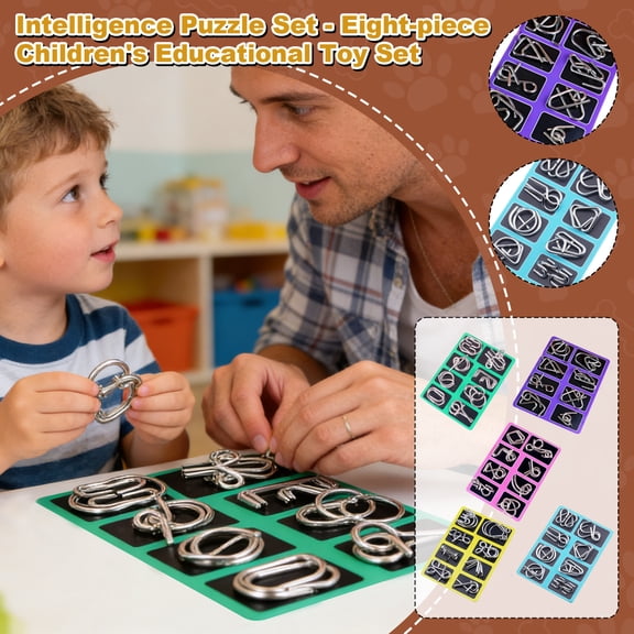 8-Piece Metal Brain Teaser Puzzle Set IQ Logic Game Handheld Disentanglement Toy Mind Testing Family Entertainment Kit