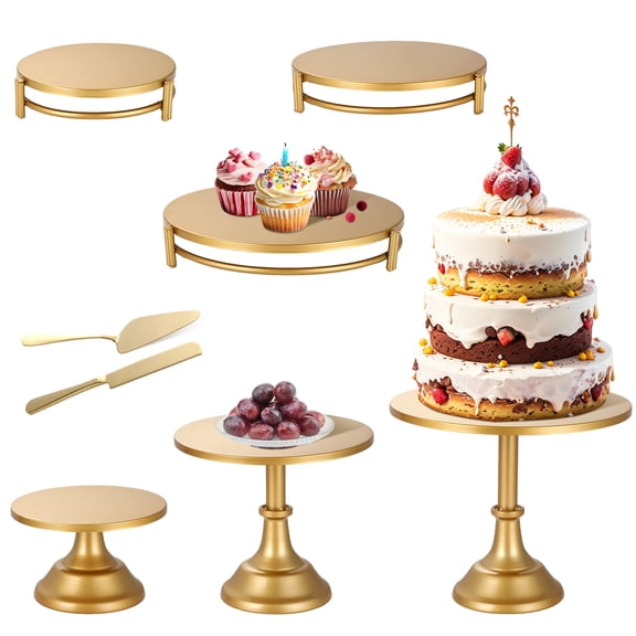 8-Piece Metal Gold Sturdy Cake Stand Set with Matching Cake Knife & Server, Multi-Sized Decorative for Special Wedding, Party & Dessert Event Displays
