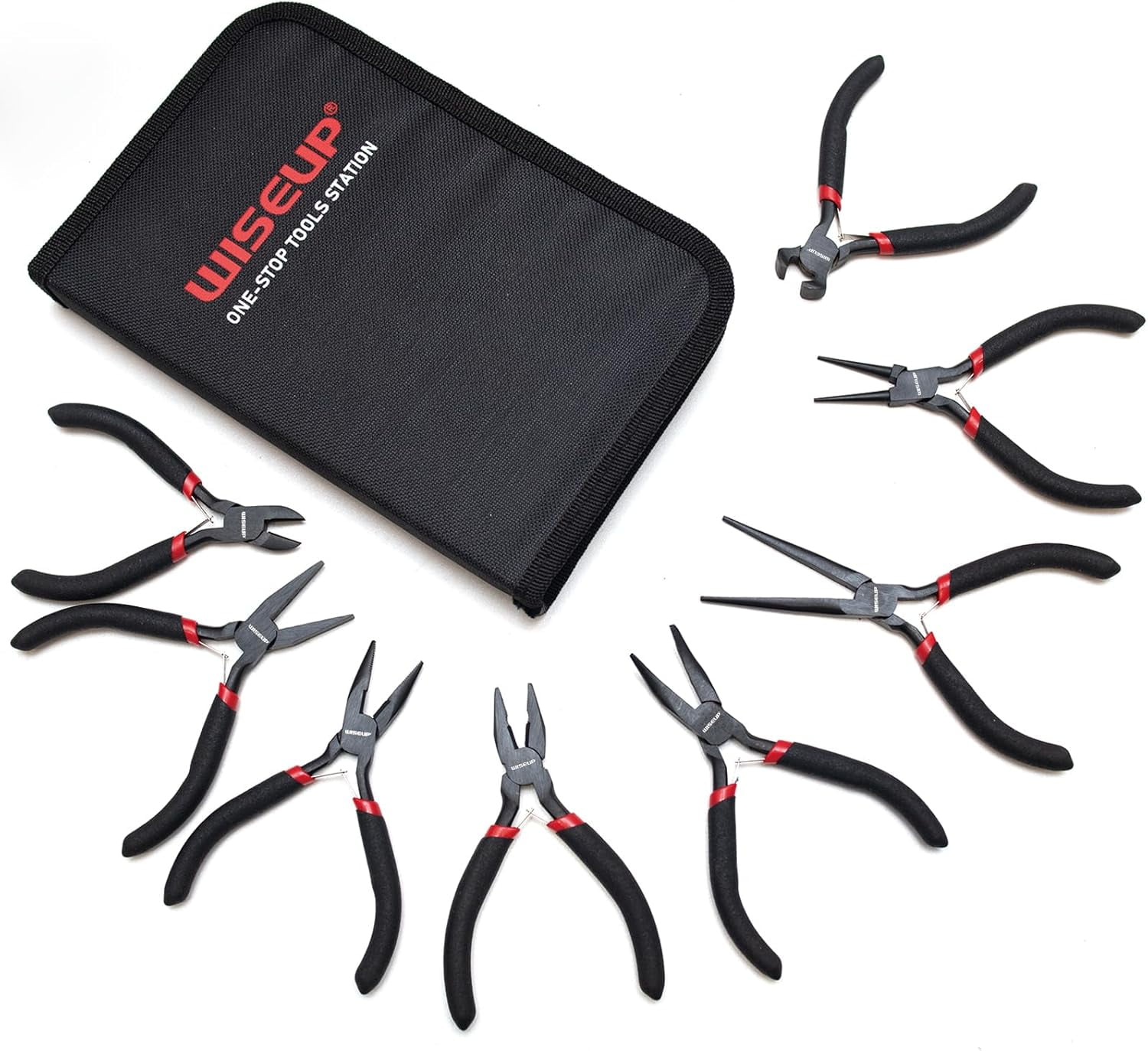 8-Piece Mini Set，Needle, Round, Flat, Long, Bent Nose, Diagonal, End Cutting & Linesman for Crafting, Electronics & Jewelry Making，with Pouch
