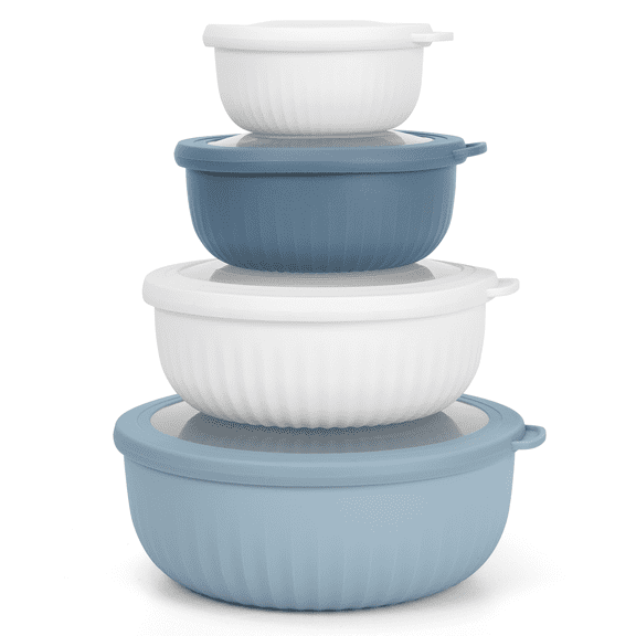 GPED 8 Piece Mixing Bowl with Lids Set, Plastic Bowls, Meal Prep Bowl Set, Nesting Mixing Bowls for Space Saving Storage, Ideal for Cooking, Baking, Food Prep, Dishwasher Safe -Wide Bowls, Blue/White