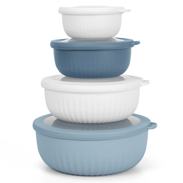 8 Piece Mixing Bowl with Lids Set, Plastic Bowls, Meal Prep Bowl Set, Nesting Mixing Bowls for Space Saving Storage, Ideal for Cooking, Baking, Food Prep, Dishwasher Safe - Wide Bowls, Blue/White
