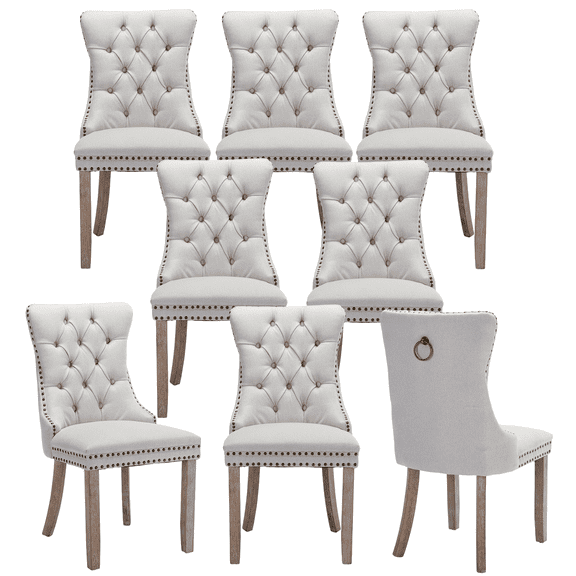 8-Piece Modern Dining Chair Set, Linen Fabric Tufted Upholstered Kitchen Chairs with Solid Wood Legs, Comfortable Accent Dining Seating | Sillas de Comedor