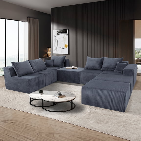 8-Piece Modular U-Shaped Sectional Sofa, Large Convertible Couch with Oversized Chaise Lounge and Bed, Luxury Corduroy Upholstery, No Assembly Needed, Family Sofa Set for Living Room,Grey