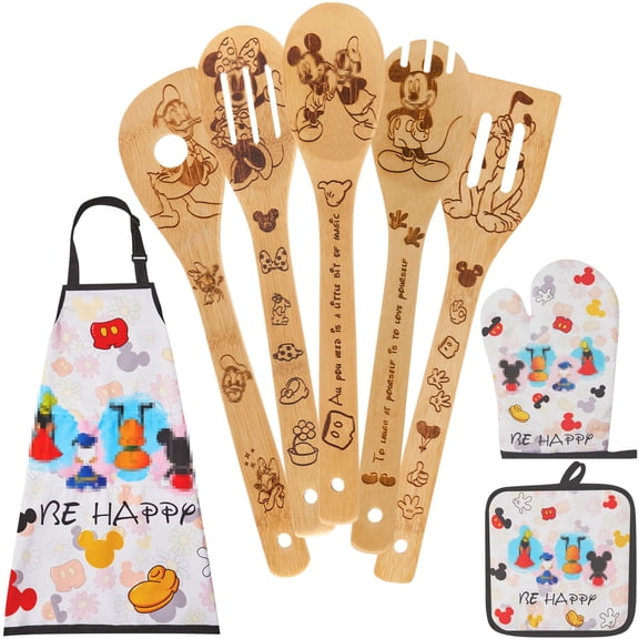 8-Piece Mouse Themed Wooden Cooking Utensil Set With Apron, Oven Mitt And Potholder