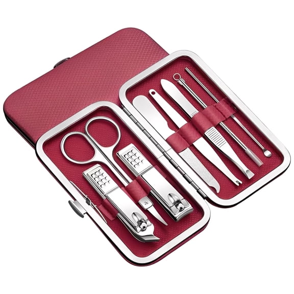 8 Piece Nail Care Kit, Stainless Steel Manicure Pedicure Set, Maroon PU Leather Travel Organizer, Professional Hand Foot Facial Grooming Tools, 5.1 x 3.1 in / 13 x 8 x 3 cm
