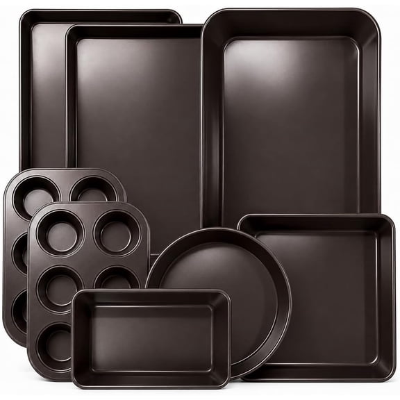 8-Piece Nonstick Bakeware Set - Stackable, Oven Safe 450°F, Carbon Steel Baking Pans for Muffin, Loaf, Cookie, Roaster - Beige, BPA-Free
