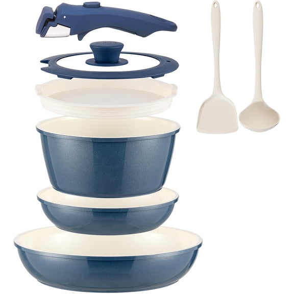 8-Piece Nonstick Ceramic Cookware Set with Removable Handles for Induction Stoves Frying Pans and Sauce Pan Blue