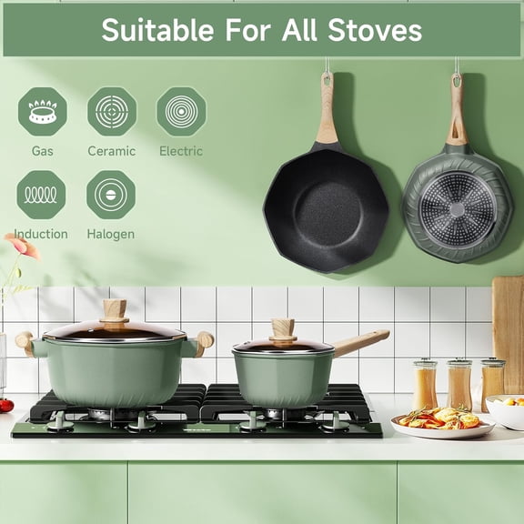 8-Piece Nonstick Cookware Set Induction Ready Octagon Design Green Aluminum Pots and Pans with Glass Lids