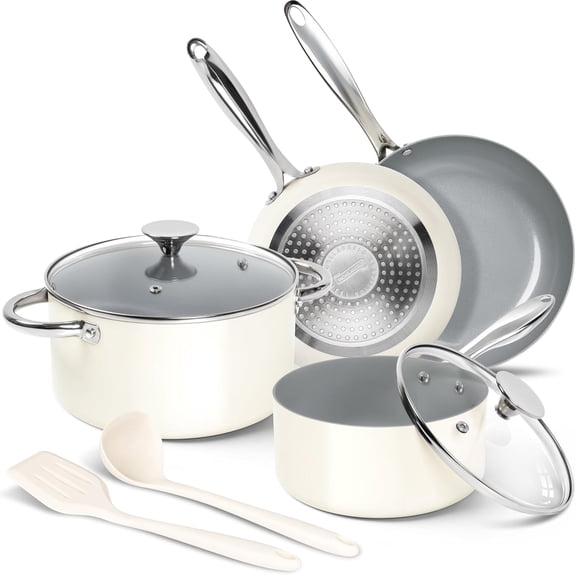 8 Piece Nonstick Ceramic Cookware Set Cream