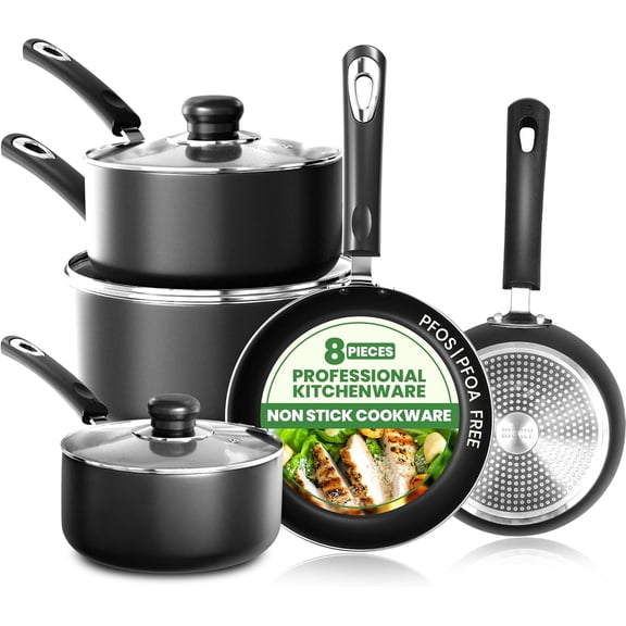 8 Piece Nonstick Pots and Pans Set with 16cm 18cm 20cm Saucepans and 20cm 28cm Frying Pans Induction Compatible