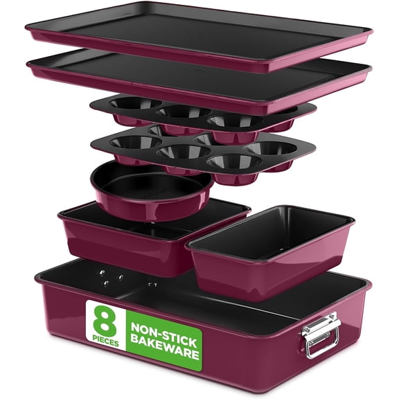 8-Piece Nonstick Stackable Bakeware Set -Baking Pan Set w/Non-Stick Coating, 450F Oven Safe, Round Cake, Loaf, Muffin, Wide/Square Pans, Cookie Sheet (Plum)