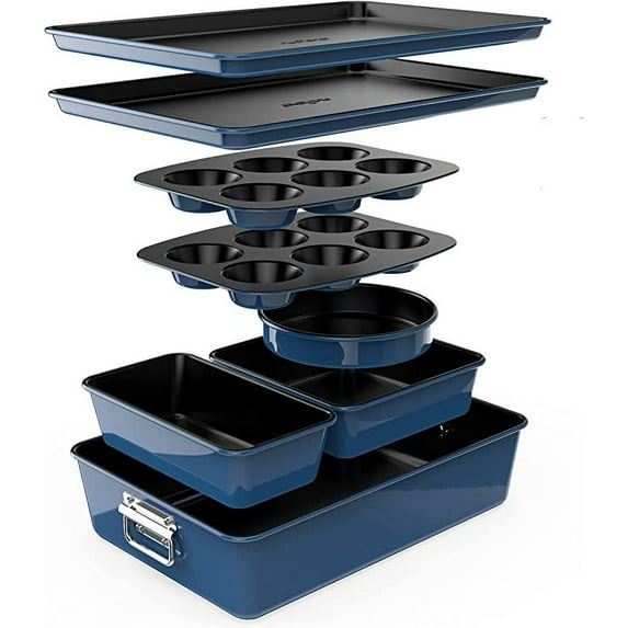 8-Piece Nonstick Stackable Bakeware Set - PFOA, PFOS, PTFE Free Baking Tray Set w/ Non-Stick Coating, 450°F Oven Safe, Round Cake, Loaf, Muffin, Wide/Square Pans, Cookie Sheet (Blue)