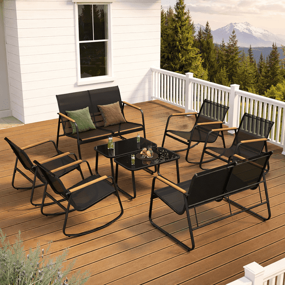 8-Piece Outdoor Conversation Set, Textilene Patio Furniture with Rocking Chairs, Loveseat and Tempered Glass Coffee Table, Perfect for Garden Backyard Balcony Poolside, Black