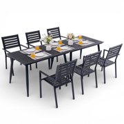 8-Piece Outdoor Dining Set - Two 47.25 HDPE Patio Tables and 6 Stackable Armrest Chairs - All-Weather Rust-Proof Steel Frame for Garden, DeckBlack