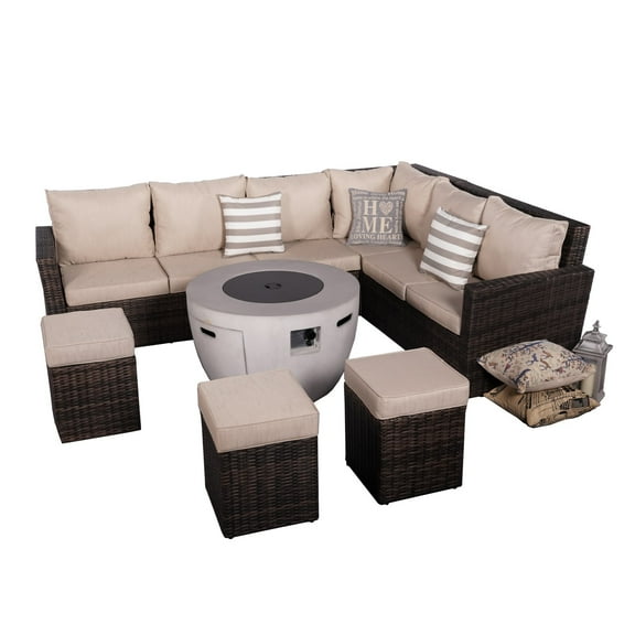 8-Piece Outdoor Furniture Set with Fire Pit Table PE Wicker Brown Rattan Sectional Sofa Patio Conversation Set