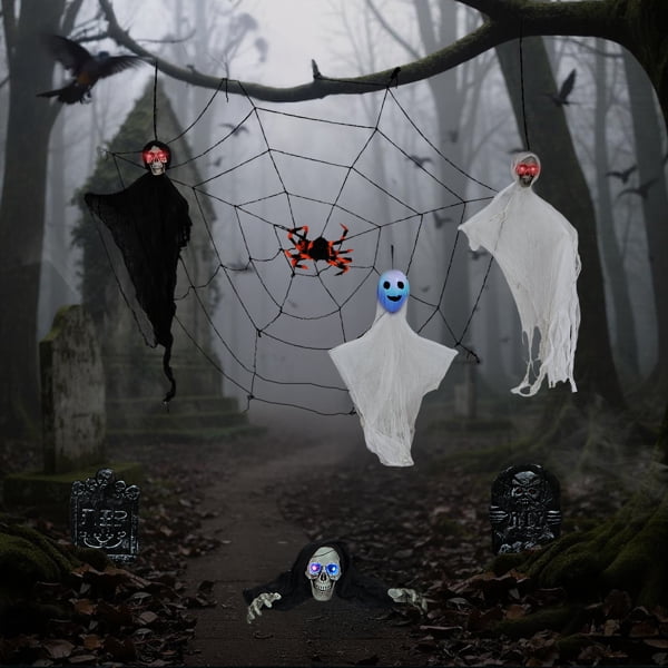 8-Piece Outdoor Halloween Decoration Set, 3 Swinging Ghosts (LED Eyes) + 2 Gravestones + Crawling Skeleton + 5.9ft Cobweb, Indoor/Outdoor Use
