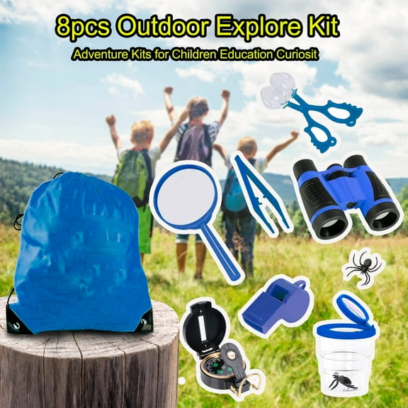 8 Piece Outdoor Kit , Adventure Set with Buckle Backpack Binoculars Whistle Flashlight, Bug Catcher Insect Observation Cup Tweezers Net Camping Hiking Set