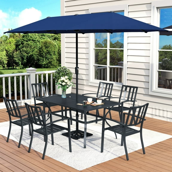 MF Studio 8-Piece Outdoor Patio Dining Set with 13 ft Umbrella, Stacking Chairs & Large Table for 6-Person, Black & Navy Blue