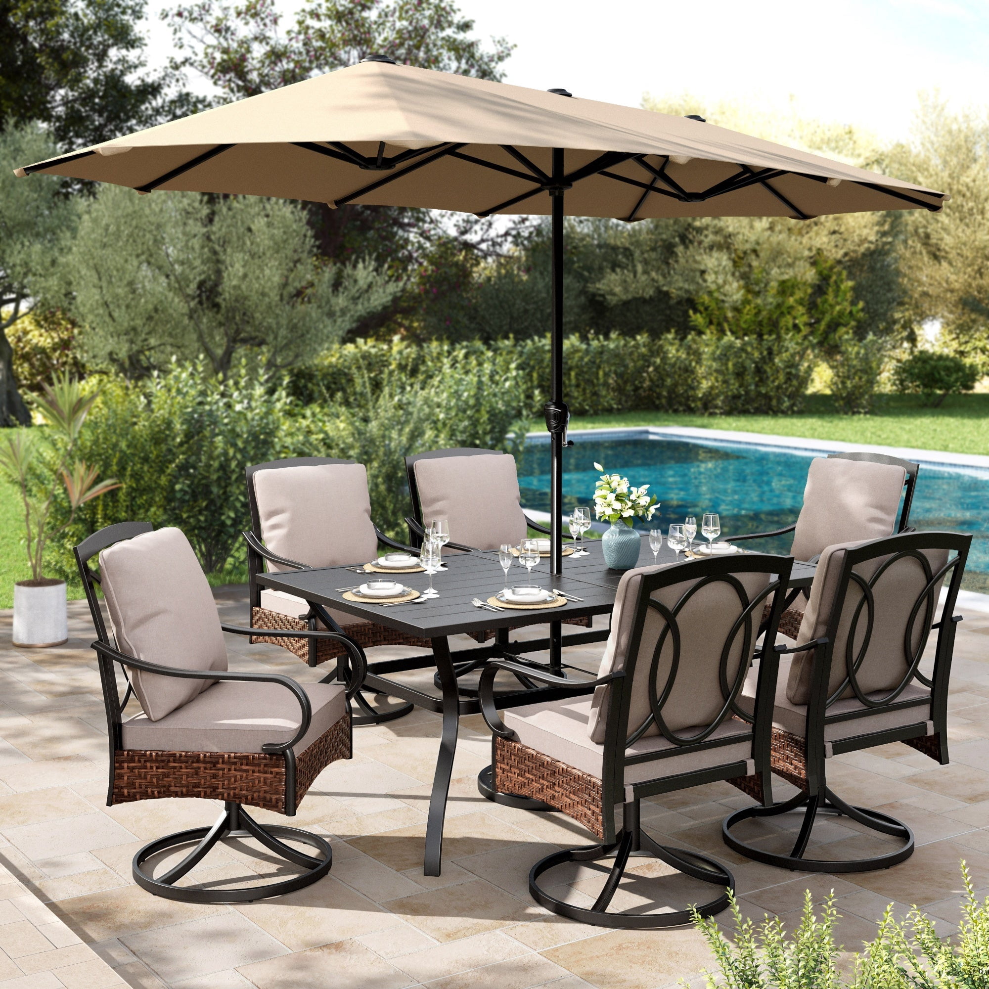 8-Piece Outdoor Patio Dining Set with 13FT Beige Umbrella, Rectangular Patio Table and Swivel Chairs with Seat & Back Cushions for 6 People