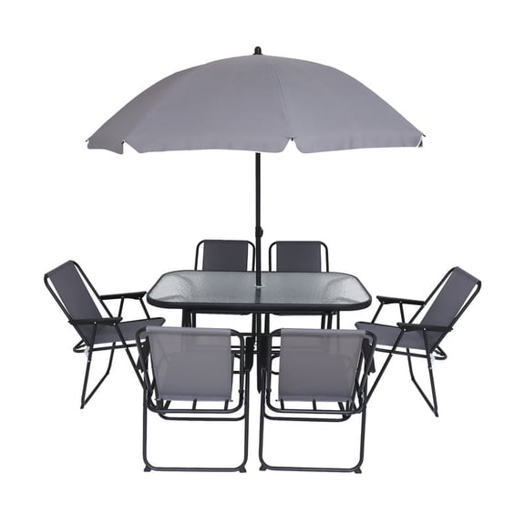 8-Piece Outdoor Patio Dining Set with Umbrella, Garden Outdoor Furniture Table Set, Glass Table and 6 Folding Chairs