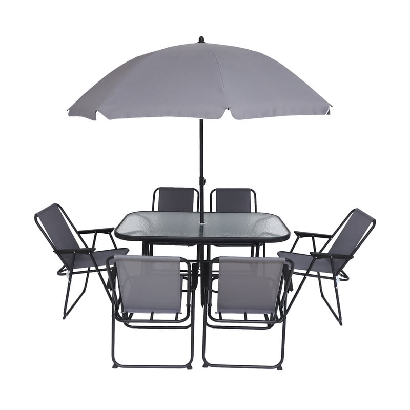8-Piece Outdoor Patio Dining Set with Umbrella, Garden Outdoor Furniture Table Set, Glass Table and 6 Folding Chairs