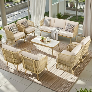 8-Piece Outdoor Patio Furniture Set with 3-Seat Sofa & 4pcs Glider Chairs & 2pcs Rattan Chairs & Coffee Table - Weather-Resistant Beige Cushions, Conversation Set for Backyard Garden, Deck
