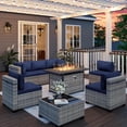 thumbnail image 1 of 8-Piece Outdoor Patio Furniture Set with 55,000 BTU Fire Pit Table, PE Wicker Rattan Sectional Sofa Conversation Set - All-Weather Garden, Backyard Furniture,Navy Blue, 1 of 8