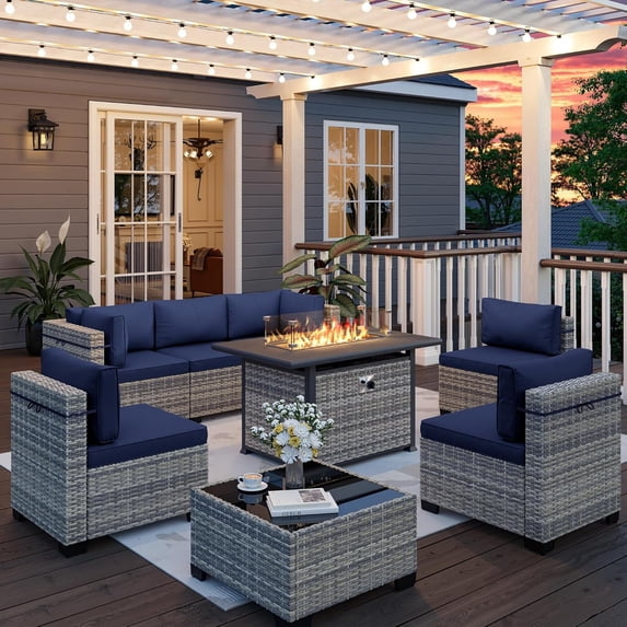 8-Piece Outdoor Patio Furniture Set with 55,000 BTU Fire Pit Table, PE Wicker Rattan Sectional Sofa Conversation Set - All-Weather Garden, Backyard Furniture,Navy Blue