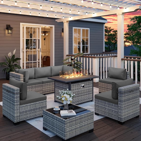 8-Piece Outdoor Patio Furniture Set with 55,000 BTU Fire Pit Table, PE Wicker Rattan Sectional Sofa Conversation Set - All-Weather Garden, Backyard Furniture,Grey