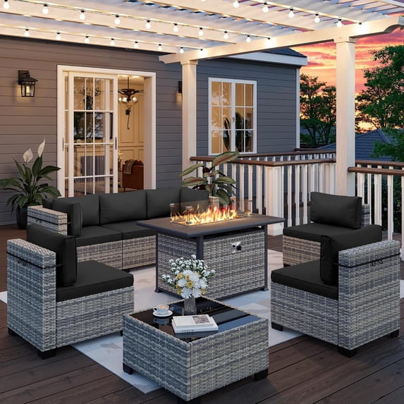 8-Piece Outdoor Patio Furniture Set with 55,000 BTU Fire Pit Table, PE Wicker Rattan Sectional Sofa Conversation Set - All-Weather Garden, Backyard Furniture,Dark Grey