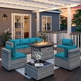 thumbnail image 1 of 8-Piece Outdoor Patio Furniture Set with 55,000 BTU Fire Pit Table, PE Wicker Rattan Sectional Sofa Conversation Set - All-Weather Garden, Backyard Furniture,Turquoise, 1 of 8
