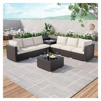 8-Piece Outdoor Patio Furniture Set - 6 Seat Rattan Patio Conversation Sets with Glass Coffee Table and Hidden Storage Box, Patio Sectional Furniture Sets for Garden Poolside Backyard