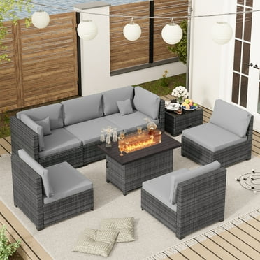8-Piece Outdoor Patio Rattan Furniture Set, Grey Wicker Sectional Conversation Set with 50,000 BTU Propane Fire Pit Table for Garden and Patio
