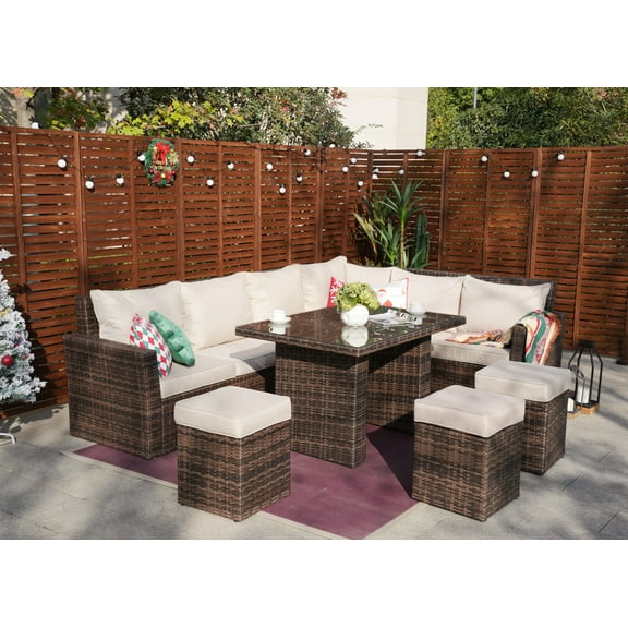 8-Piece Outdoor Patio Wicker Rattan Sectional Sofa Set with Cushions - Brown