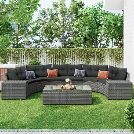 8 Piece Outdoor Wicker Furniture Sectional Set, Half-Moon Sofa Set with Rectangular Coffee Table, PE Rattan Water-resistant and UV Protected, Curved Sofa Sectional Set with Movable Cushion, Gray
