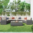 thumbnail image 1 of 8-Piece Outdoor Wicker Round Sofa Set, Half-Moon Sectional Patio Sofa Set, Curved Sofa Set With Rectangular Coffee Table, PE Rattan Water-resistant and UV Protected, Movable Cushion, Beige, 1 of 9
