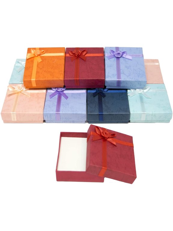 8 Piece Pack Flower Bow Tie Pendant Gift Box with Rose-Bug Bow on top. 2 1/2 x 2 7/8 x 3/4 63 x 73 x 19mm