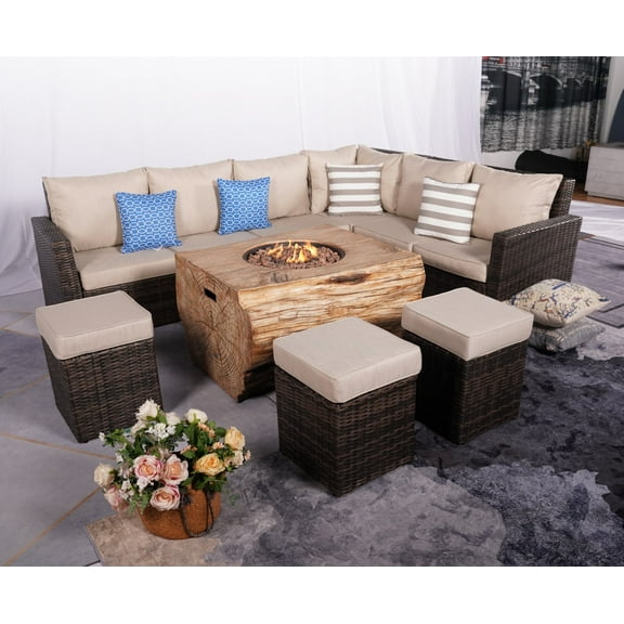 8-Piece Patio Brown Wicker Conversation Sofa Set with Fire Pit Table and Cushions
