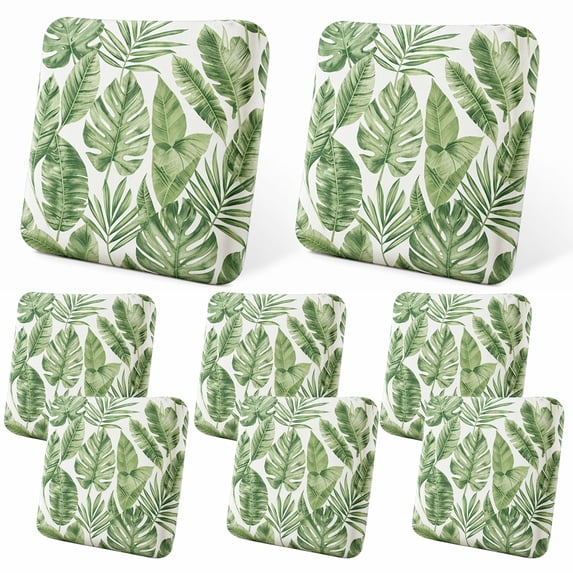 8 Piece Patio Cushion Covers, Stretch Outdoor Couch Cushion Slipcovers Replacement for Seat & Backrest, Washable Furniture Protector with Elastic Bottom for Wicker Patio Furniture, Palm Leaves