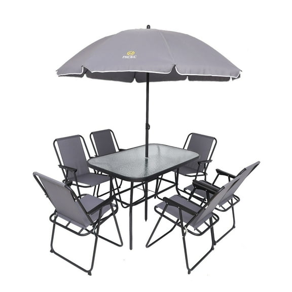 8 Piece Patio Dining Set, Garden Outdoor Furniture Table Set with Removable Umbrella, Glass Table, and 6 Folding Chairs (Grey)