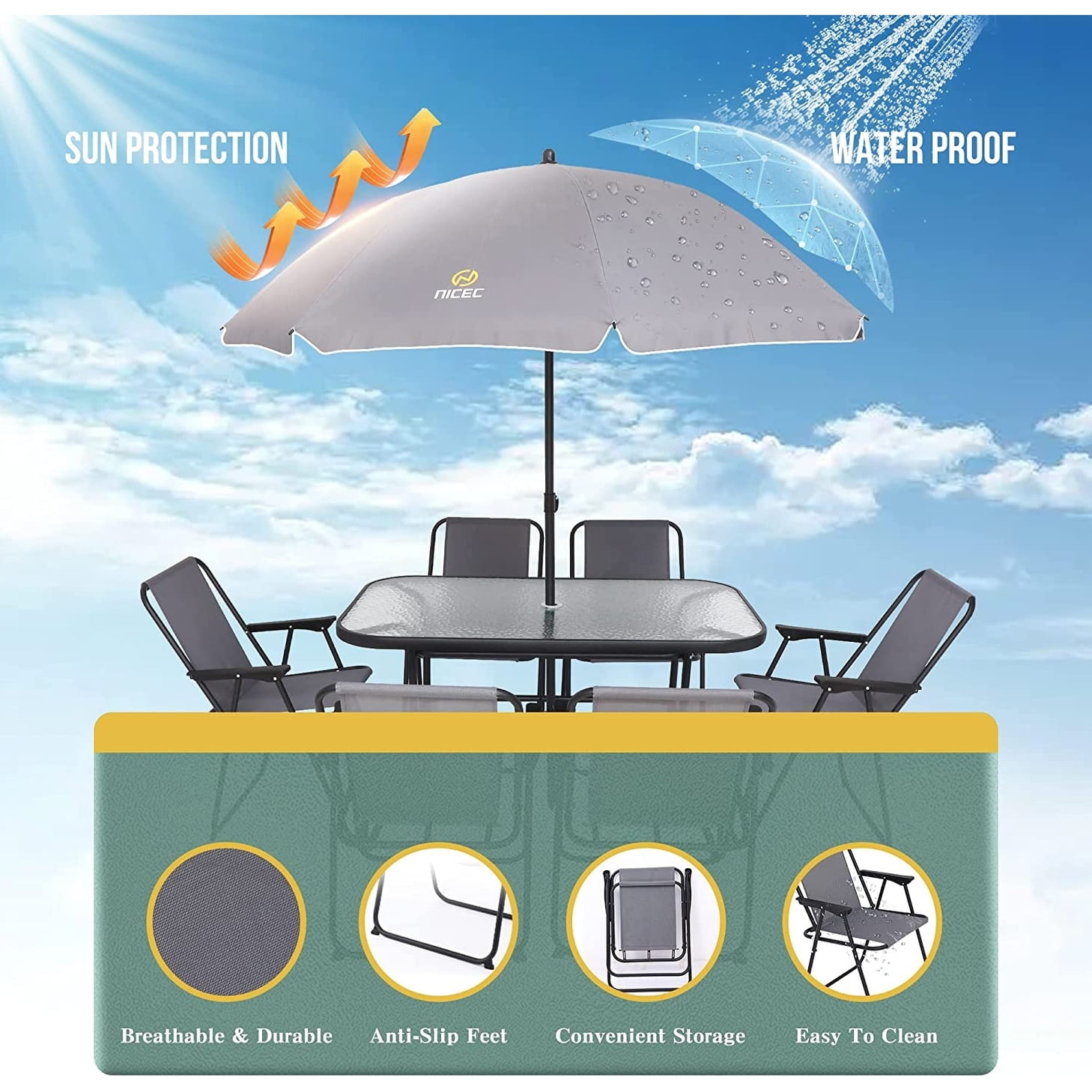 8-Piece Noir Collapsible Patio Dining Set with Glass Table and Umbrella