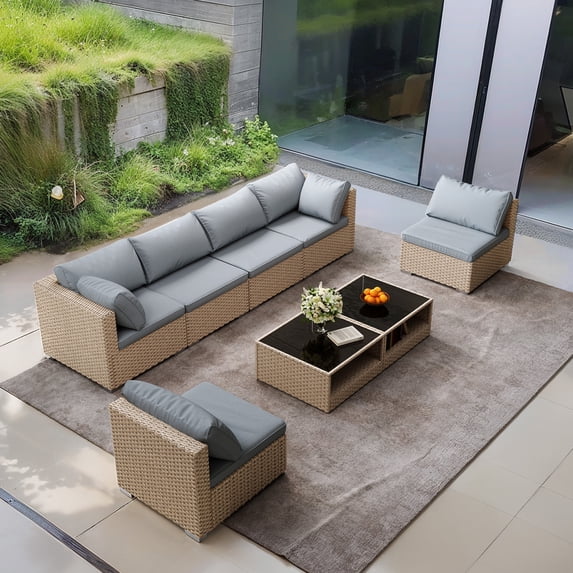 8-Piece Patio Furniture Set, All-Weather Wicker Outdoor Conversation Set, Sectional Sofa with Water Resistant Grey Thick Cushions & Glass Coffee Table for Garden Patio (Khaki+Grey)