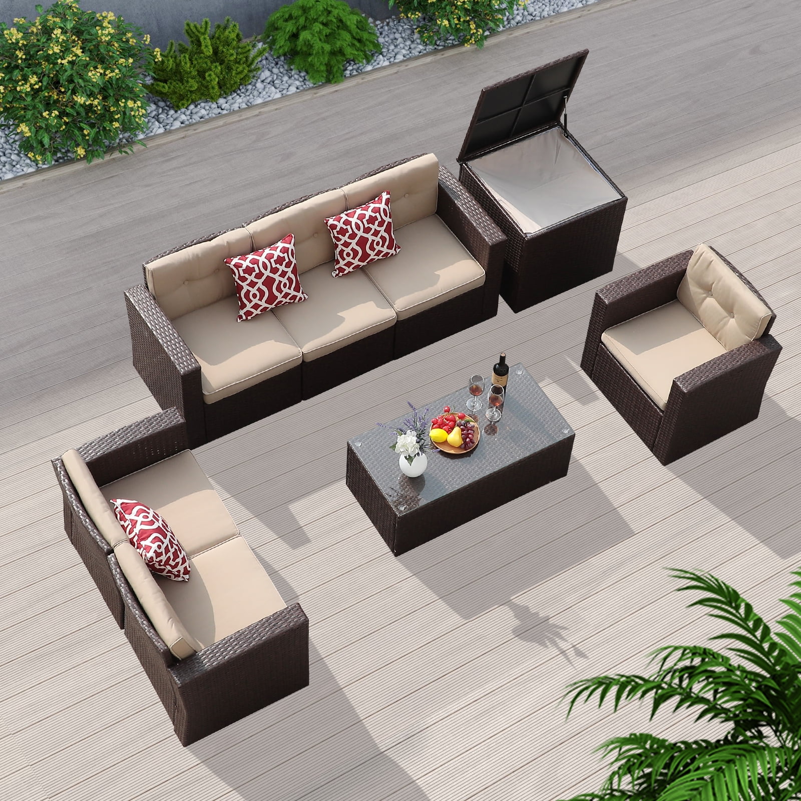 8-Piece Beige and Brown Wicker Patio Sectional Set