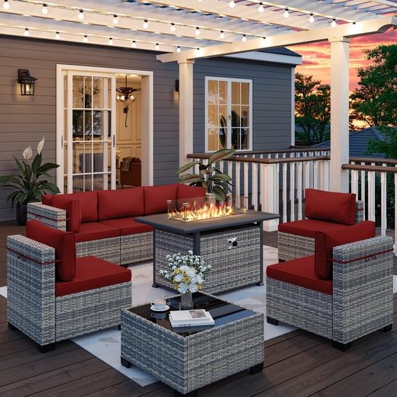 8-Piece Patio Furniture Set, Outdoor Patio Furniture with 55,000 BTU Fire Pit Table, Thick Cushions, Modular Patio Sofa, Dual-Strand Wicker Rattan, Rust-Resistant Frame, Red
