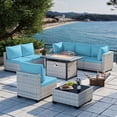 thumbnail image 1 of 8-Piece Patio Furniture Set, Outdoor Patio Furniture with 55,000 BTU Fire Pit Table, Thick Cushions, Modular Patio Sofa, Dual-Strand Wicker Rattan, Rust-Resistant Frame, Lake Blue, 1 of 7