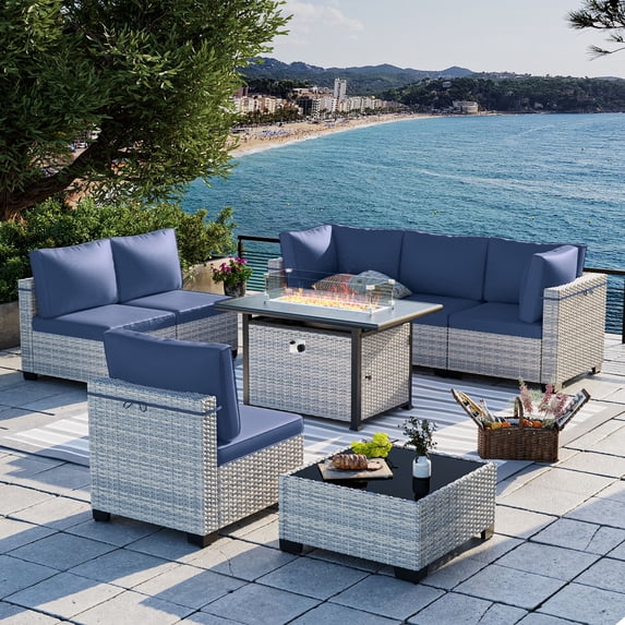 8-Piece Patio Furniture Set, Outdoor Patio Furniture with 55,000 BTU Fire Pit Table, Thick Cushions, Modular Patio Sofa, Dual-Strand Wicker Rattan, Rust-Resistant Frame, Navy Blue